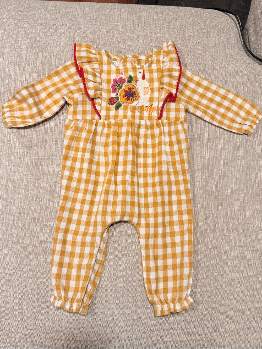 Mud Pie Mustard and White Gingham Turkey Embroidered One-Piece